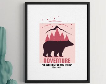 Rustic Bear Mountain Print, Adventure Cabin Decor (A4 Digital Download)