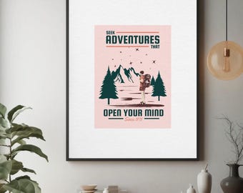 Seek Adventures Printable Wall Art – Inspirational Travel Quote – Mountain Decor – A4 Digital Download