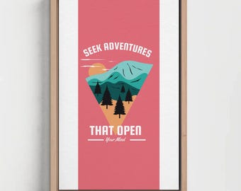 Seek Adventures Wall Art – Retro Mountain Travel Poster – Inspirational Printable – A4 PDF Download