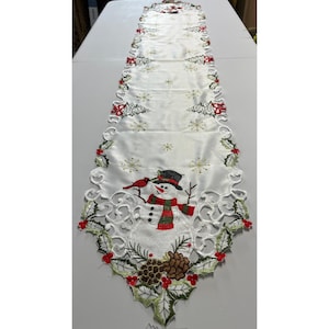 Snowman Embroidered Christmas Table Runner White Satin Cutwork Holly 6' x 13"
