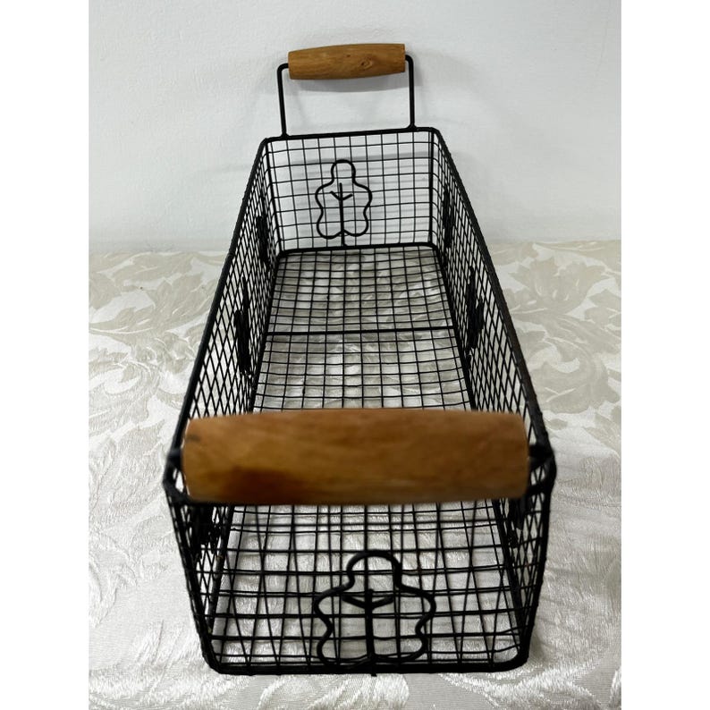 Rectangular Wire Rooster Basket Farmhouse Metal Storage Wood Handles 19x5.5 in image 3