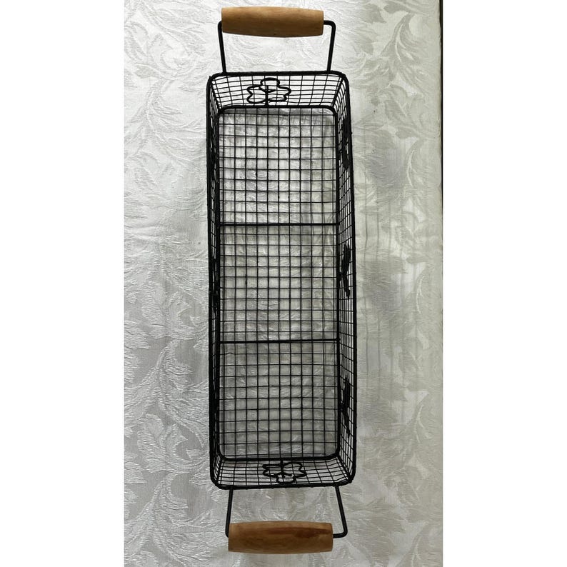 Rectangular Wire Rooster Basket Farmhouse Metal Storage Wood Handles 19x5.5 in image 8