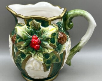 Cosmos Gifts Christmas Holly Berry Pinecone Ceramic Pitcher Gold Trim 3.5" Vtg