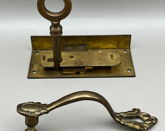 Antique Brass Rim Lock Set Ring Key Ornate Escutcheon Pull Handle Skeleton 3.25"