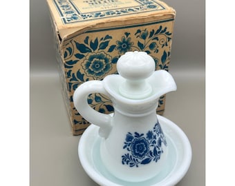 Vtg Avon Delft Blue Pitcher Bowl Decanter Milk Glass Skin So Soft Set Box EMPTY