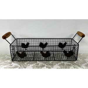 Rectangular Wire Rooster Basket Farmhouse Metal Storage Wood Handles 19x5.5 in image 4