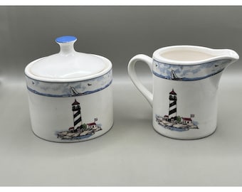 Steingut Leuchtturm Nautik Creme Zucker Set Weiß Blau Küsten Geschirr Vtg