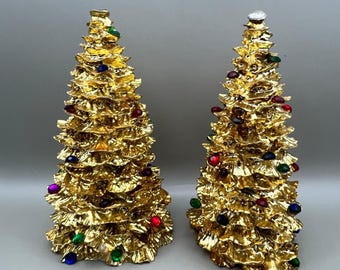 VTG 1994 Enesco Gold Heavy Jewelled kerstboom tafelblad set van 2 6" zoals het is
