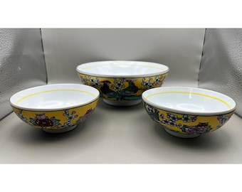 Gold Imari Hand Painted Peacock Floral Porcelain Decorative Bowls Set 3 As Is