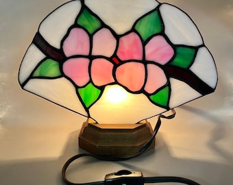 Vtg 1991 Joyce English Signed Stained Glass Fan Lamp Floral Cherry Blossom 10x8"