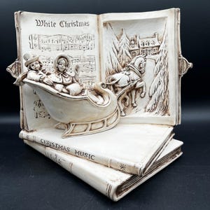 Vtg 1985 Gare White Christmas Sleigh Book Figurine Garry Sharpe Ceramic OOAK