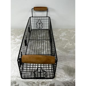 Rectangular Wire Rooster Basket Farmhouse Metal Storage Wood Handles 19x5.5 in image 7