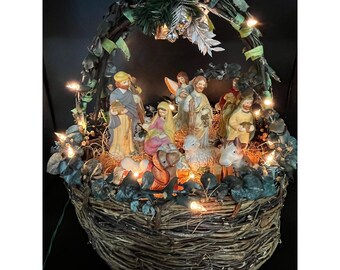 Vtg Lighted Grapevine Basket Nativity Scene Ceramic Figurines 11 pc 12" Unique
