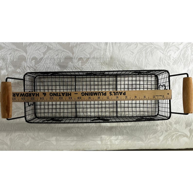 Rectangular Wire Rooster Basket Farmhouse Metal Storage Wood Handles 19x5.5 in image 5