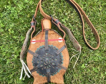 Vtg Hungarian Horsehair Fur & Leather Wooden Canteen Handmade Folk Art