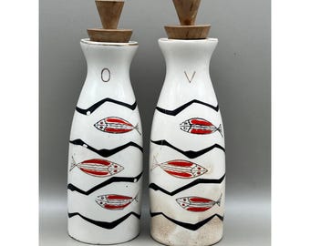 Vtg MCM Ceramic Oil Vinegar Cruet Set Fish Pattern White Red Black 6" As Is