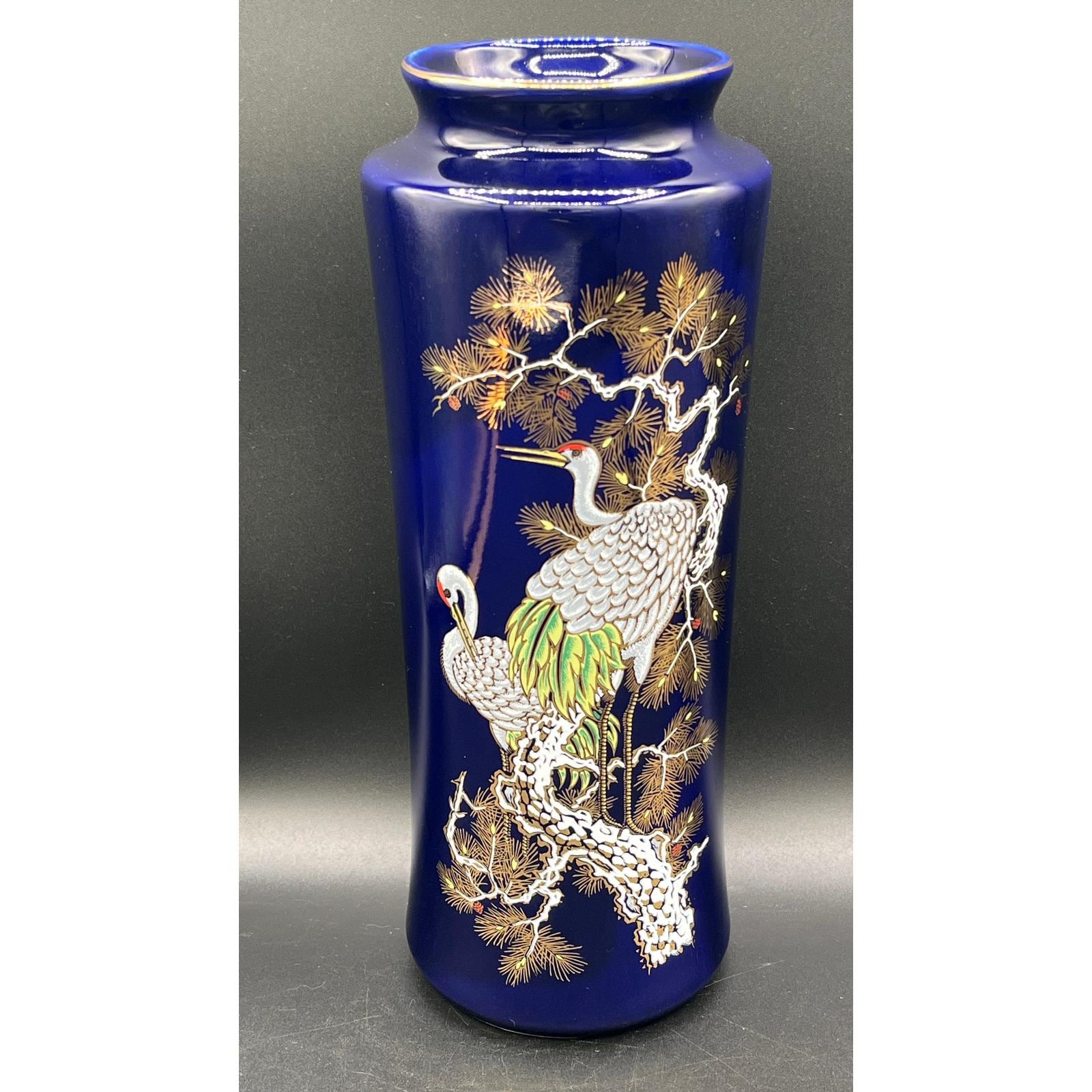 VTG Japanese Cobalt Blue Porcelain Vase Cranes 10.5" MCM Oriental Decorative