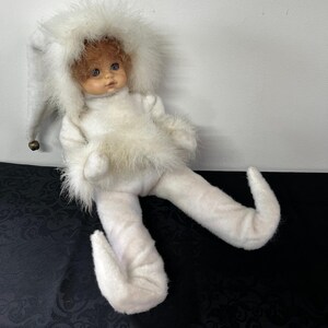Vtg 14" White Snow Angel Elf Doll Porcelain Face Faux Fur Trim Christmas Decor