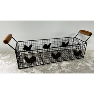 Rectangular Wire Rooster Basket Farmhouse Metal Storage Wood Handles 19x5.5 in