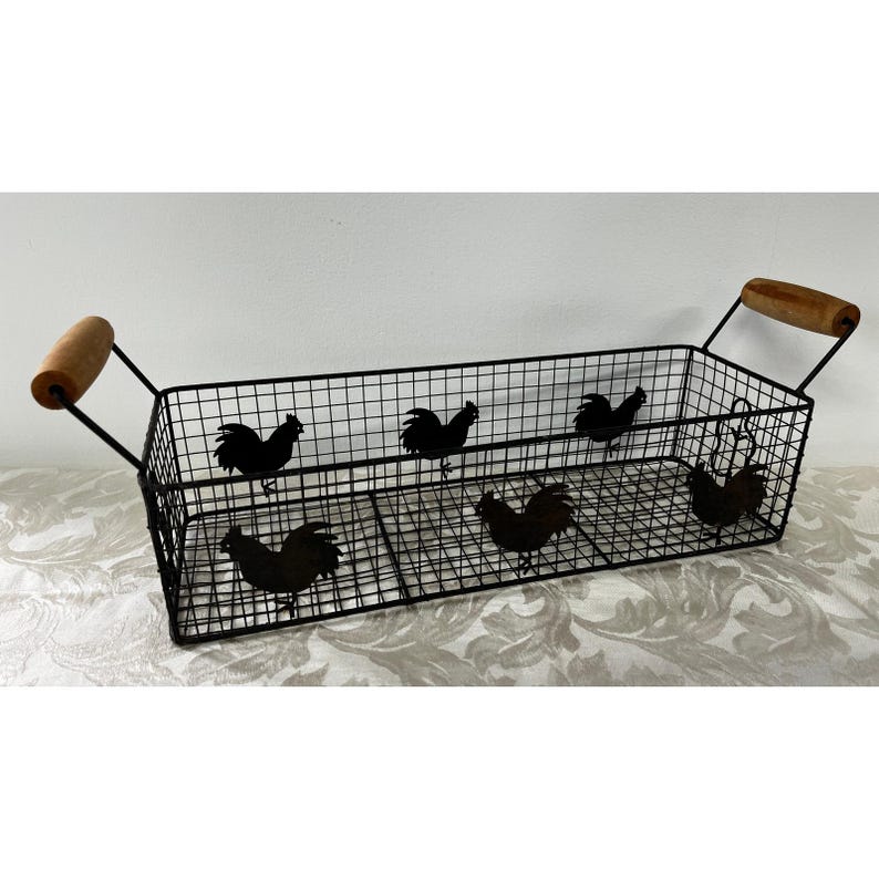 Rectangular Wire Rooster Basket Farmhouse Metal Storage Wood Handles 19x5.5 in image 1