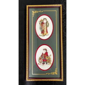 Vtg Abrams Father Christmas Framed Wall Art Double Santa Matted Framed 21x10"