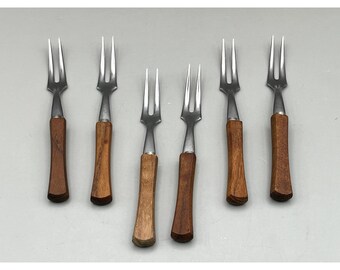 Vtg 18-8 Stainless Japan Wood Handle Cocktail Appetizer Forks Set of 6 MCM
