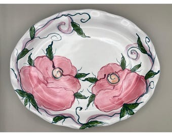 Pugh Handmålad Keramik Oval Serveringsfat Rosa Ros Blommig Gratäng 11"