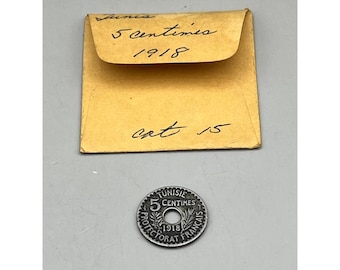 Tunisia 1918 Moneta da 5 Centesimi Protettorato Francese Francais Cupro-Nichel Forato