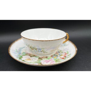 Vtg Hand Painted Floral Porcelain Teacup Saucer Set Gold Gilt Rose AJR Mark