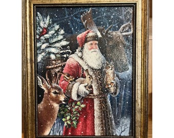 Weihnachtsmann Waldtiere gerahmt Kunst Santa Elch 19x15 Faux Holzrahmen