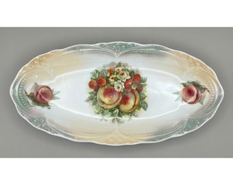 Antique Porcelain Celery Dish Fruit Floral Scalloped Lusterware Serving 9.75"