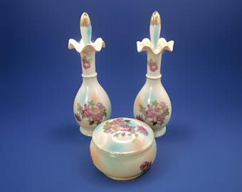 ヴィンテージ テムズ ジャパン 3点セット 化粧台セット - 香水瓶2本、小物入れ、パウダー入れ、蓋付き皿