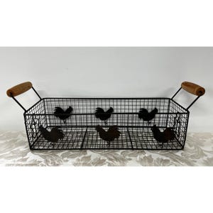 Rectangular Wire Rooster Basket Farmhouse Metal Storage Wood Handles 19x5.5 in image 2