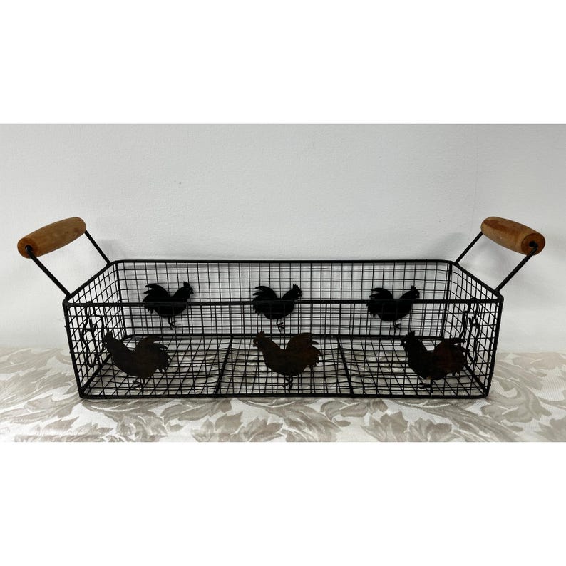 Rectangular Wire Rooster Basket Farmhouse Metal Storage Wood Handles 19x5.5 in image 2
