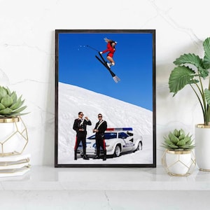 Funny Skiing Wall Art Poster, Surreal Police Car Print, Snow Ski Jump Art, Modern Aesthetic Wall Decor, Unique Funny Gift