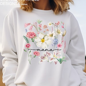 Wildflowers Sweatshirt, Mama Vintage Pressed Flowers Boho Cottagecore Crewneck, Fairycore Pastel Botanical Floral Pullover