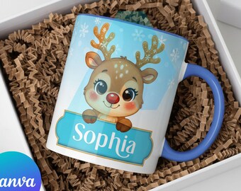 Personalized Christmas Mug PNG Bundle 7 Watercolor Kawaii Character Designs Name Labels | Digital Printable Gift for Young Adults & Family