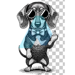 Divertente bassotto con dita maleducate PNG, cane bassotto impertinente con occhiali, stampa a sublimazione, atteggiamento irriverente, design per maglietta, arte stampabile, regalo scherzoso per amanti dei cani