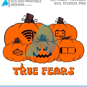 May include: Five orange pumpkins with different spooky designs. The pumpkins have a wifi symbol, a car battery, a check engine light, a low battery symbol, and a scary face. The text "TRUE FEARS" is below the pumpkins.