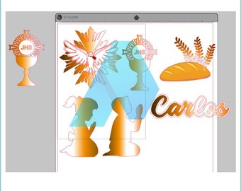May include: A digital design file for a first communion celebration. The design includes a chalice with the letters JHS, a dove, a loaf of bread, wheat, two children kneeling in prayer, and the name Carlos.