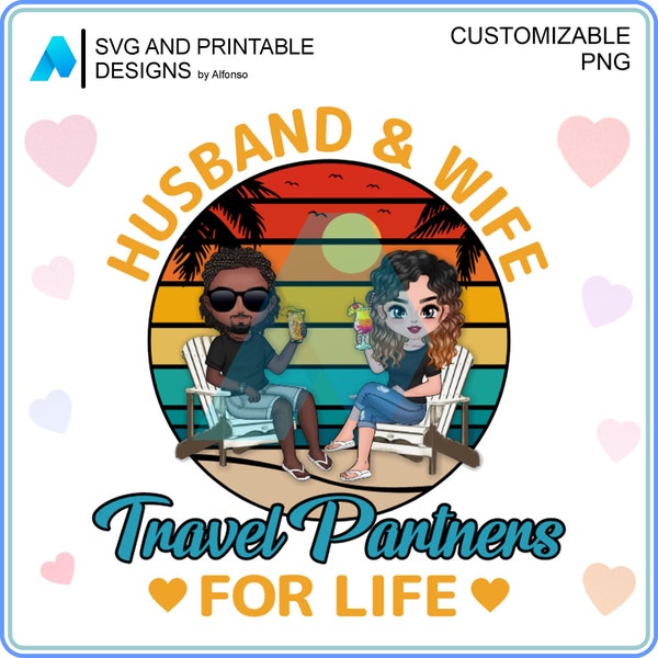 Retro Beach Couple Art Love Art PNG 300dpi Husband and Wife Travel Partners for Life  Valentine's Day Gift - Customizable  (We Customize It)