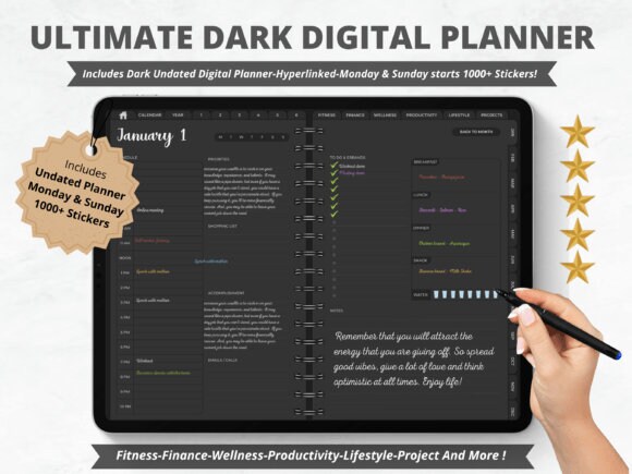 Dark ADHD Digital Planner: Undated, Hyperlinked (Goodnotes, iPad) Multiple packs, various designs, organisation
