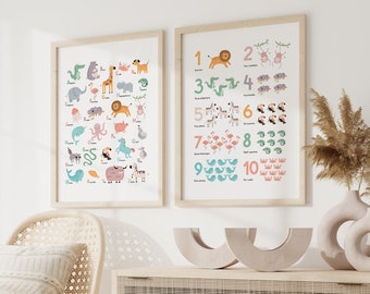 Animal Alphabet and Numbers Set of 2 Boho Posters, Nursery Decor, Kids Room Decor, Educational Print, Learning Wall Art, INSTANT DOWNLOAD