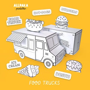 Puede incluir: Dos modelos de camiones de comida de papel blanco con contornos negros, con un adorno de perrito caliente y hamburguesa. Incluye formas recortadas de un cono de helado y un donut, con etiquetas de texto que dicen ALLPAKA printables, FOOD TRUCK, HOT-DOGS, BURGERS, ICE CREAM, DONUTS y FOOD TRUCKS.