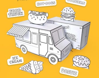 May include: Two white paper food truck models with black outlines, featuring a hot dog and burger topper. Includes cut-out shapes of an ice cream cone and a donut, with text labels reading ALLPAKA printables, FOOD TRUCK, HOT-DOGS, BURGERS, ICE CREAM, DONUTS, and FOOD TRUCKS.