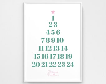 Affiche imprimable du calendrier de l'Avent de Noël, compte à rebours de Noël, calendrier de l'Avent minimaliste, téléchargement immédiat