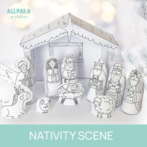 Presepe di Natale, lavoretti di carta stampabili per bambini da colorare, decorazioni natalizie, giocattoli di carta, attività artistiche fai da te, DOWNLOAD IMMEDIATO