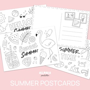 Páginas para colorear de verano, Postales para colorear con sellos, Imprimibles para niños, Actividades creativas, Descarga instantánea