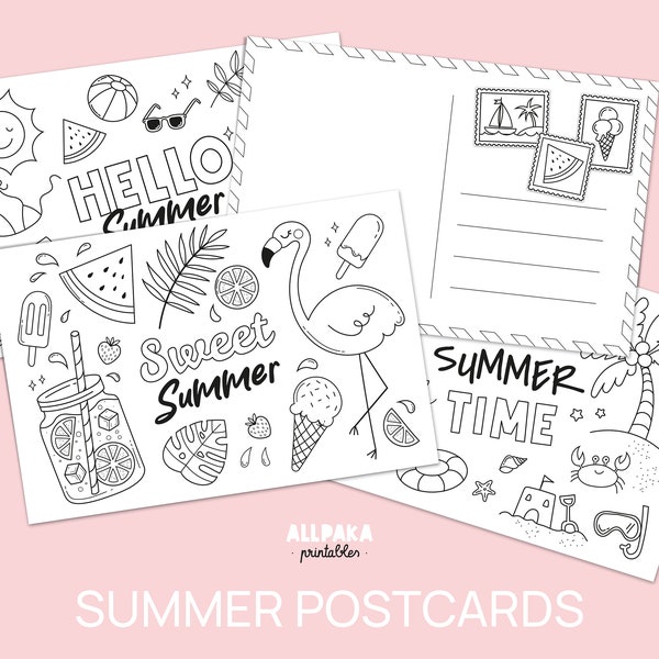 Cartoline estive da colorare con francobolli, stampabili per bambini, attività creative, download istantaneo