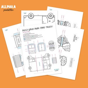 May include: A set of printable paper craft sheets titled Build Your Own Food Truck, featuring black and white line art illustrations of a truck, wheels, food items like burgers, ice cream, and donuts, with instructional text and cut lines.